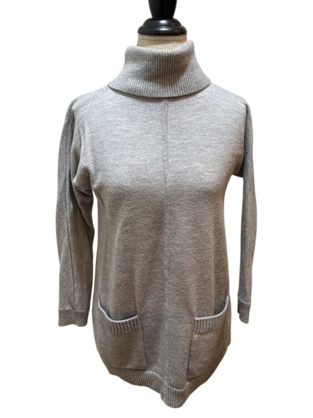 Talbots Sz Petite Gray 100% Merino Wool 2-Pocket Cowl Neck Pullover Sweater